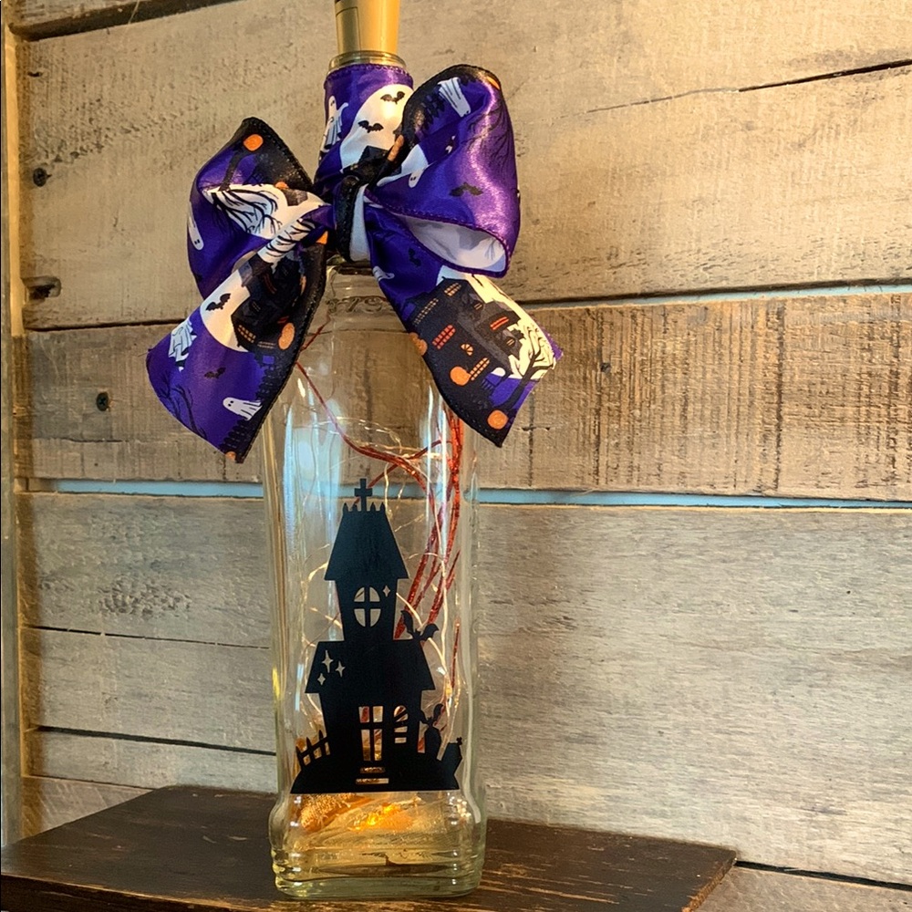 Hand Crafted Halloween Themed Haunted Spirit Bottle with orange accents
